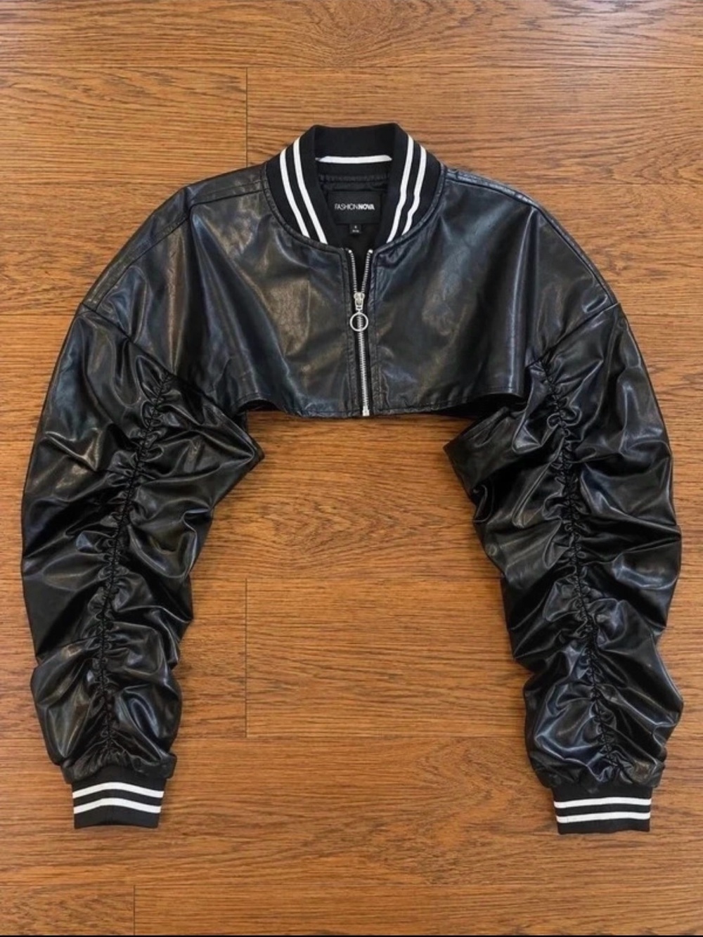 Fashion Nova Black Cropped Faux Leather Bomber with Ruched Sleeves